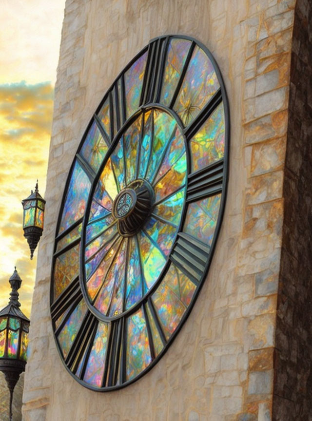 Colorful stained glass window in stone wall with sunset and vintage lanterns.