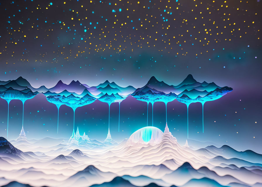 Surreal jellyfish-style landscape with mountains and trees under a starry sky