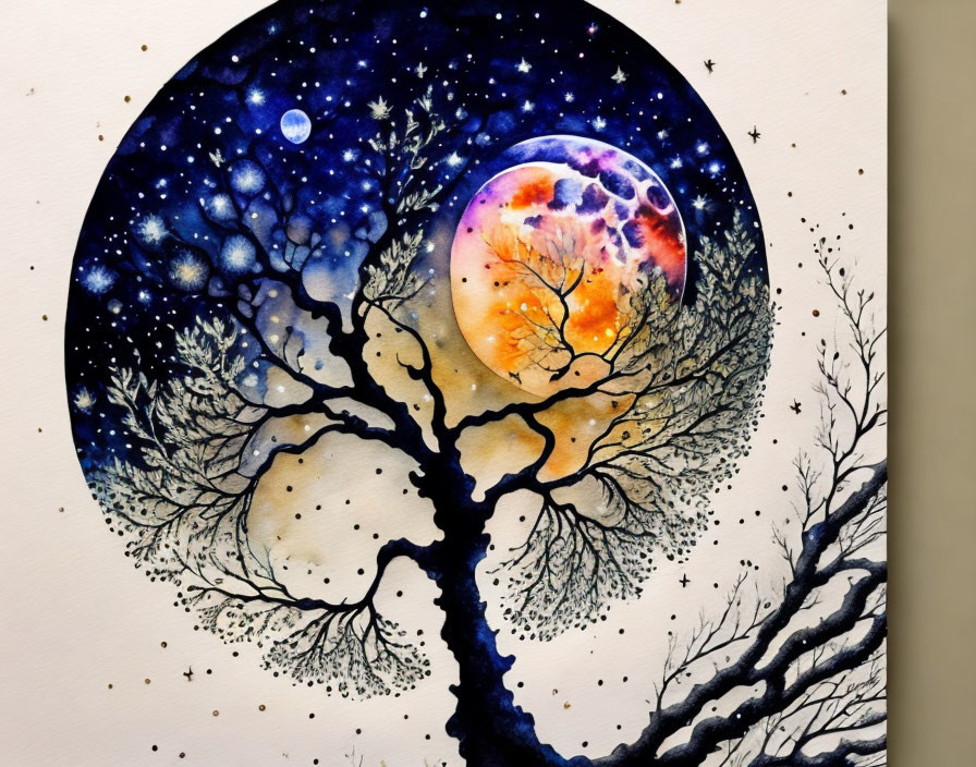 Circular-framed tree illustration with celestial scene