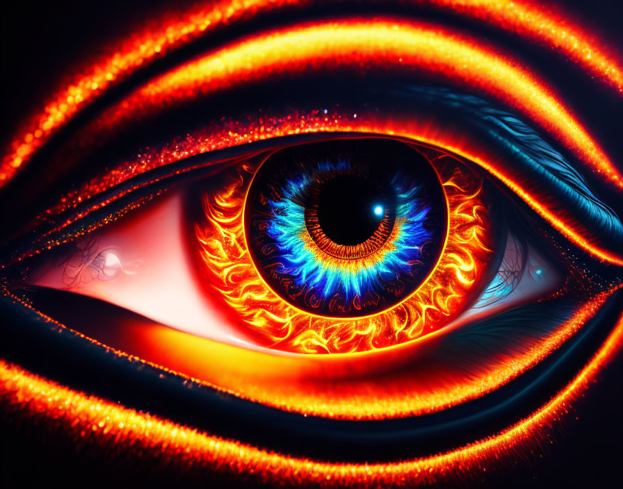 Vivid stylized eye with fiery orange and red patterns, bright blue iris.