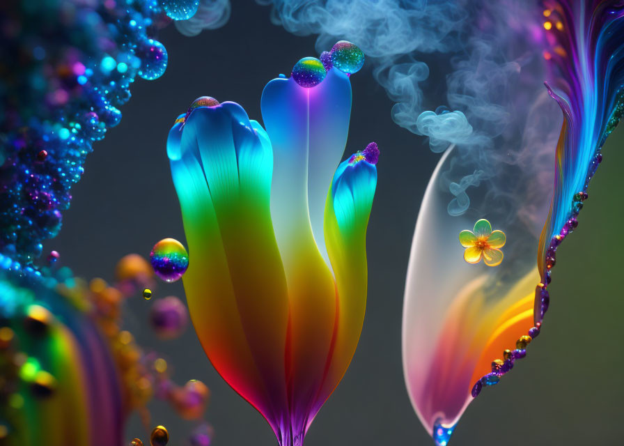 Colorful Abstract Art: Petal-like Structures with Bubbles and Smoke on Moody Background