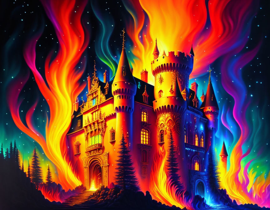 Colorful fantasy castle against cosmic sky and trees