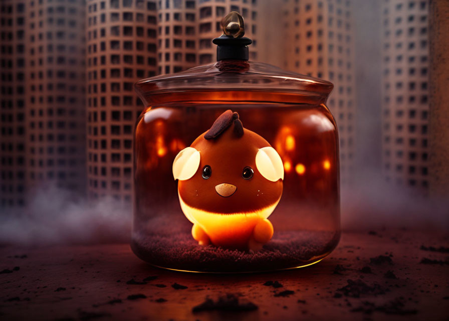 Cartoonish glowing brown creature in glass jar against city backdrop