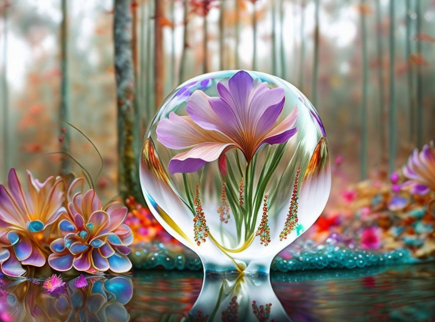 Colorful forest scene with large crystal ball magnifying purple flower.