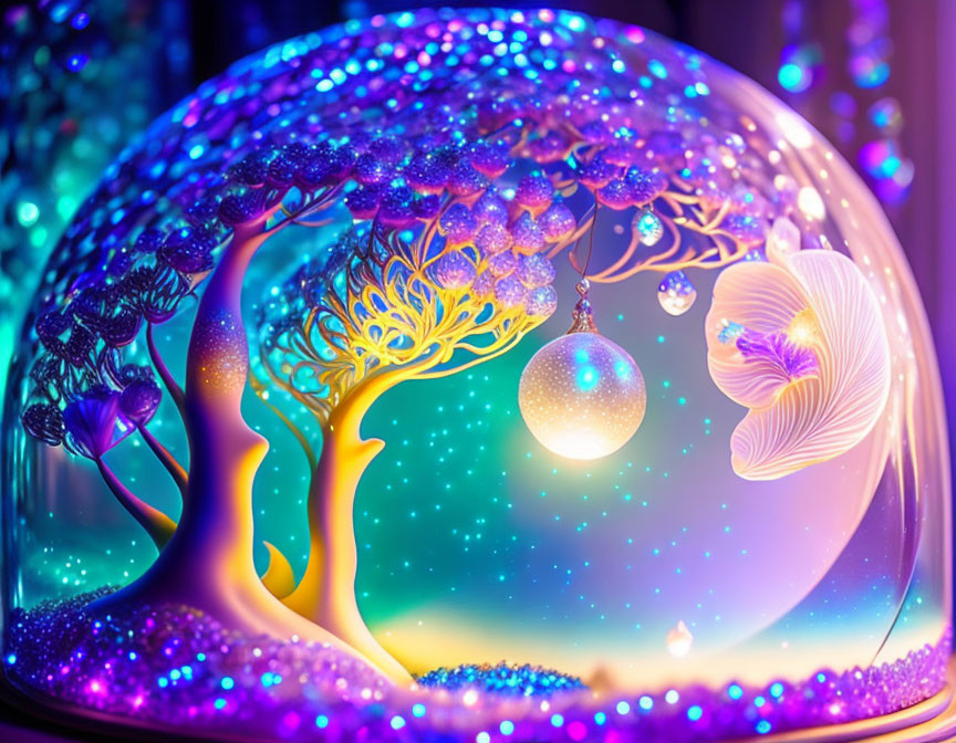 Vibrant digital artwork: Fantastical scene in glass dome with iridescent tree, orbs