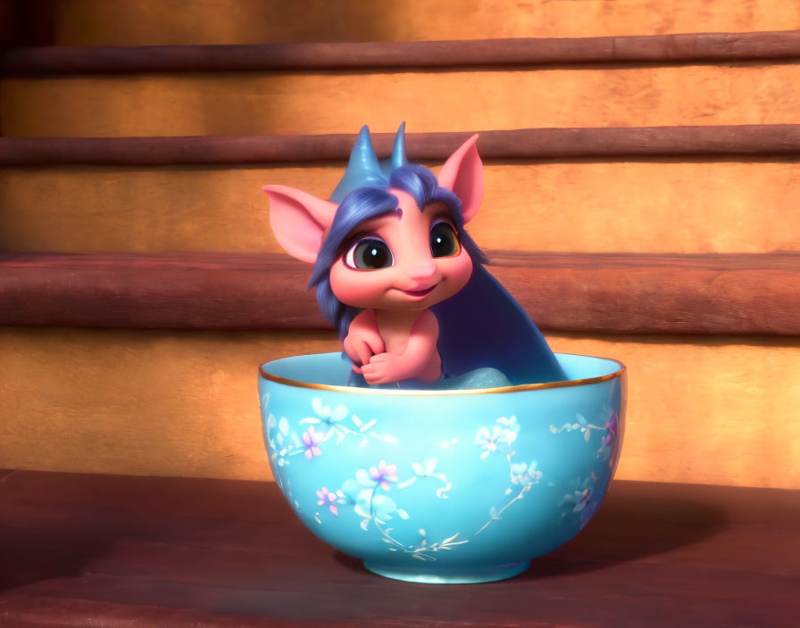 Blue-skinned animated creature with large ears in floral bowl on staircase