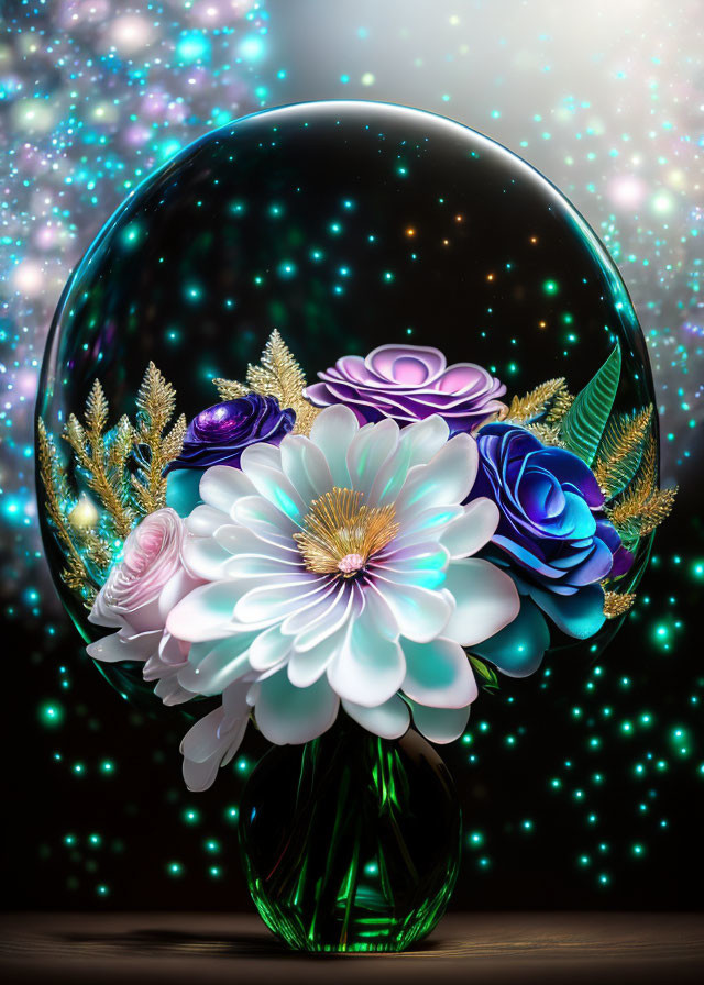 Luminescent Sphere with Purple and Blue Flowers on Bokeh Background