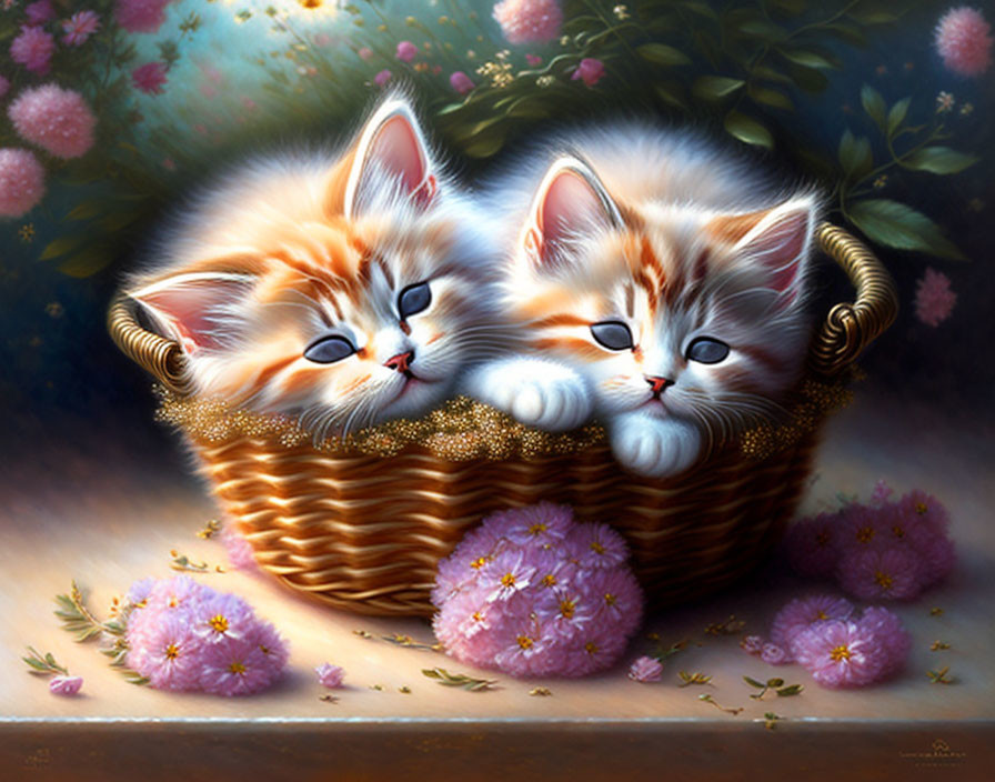 Fluffy kittens with blue eyes in wicker basket among pink flowers