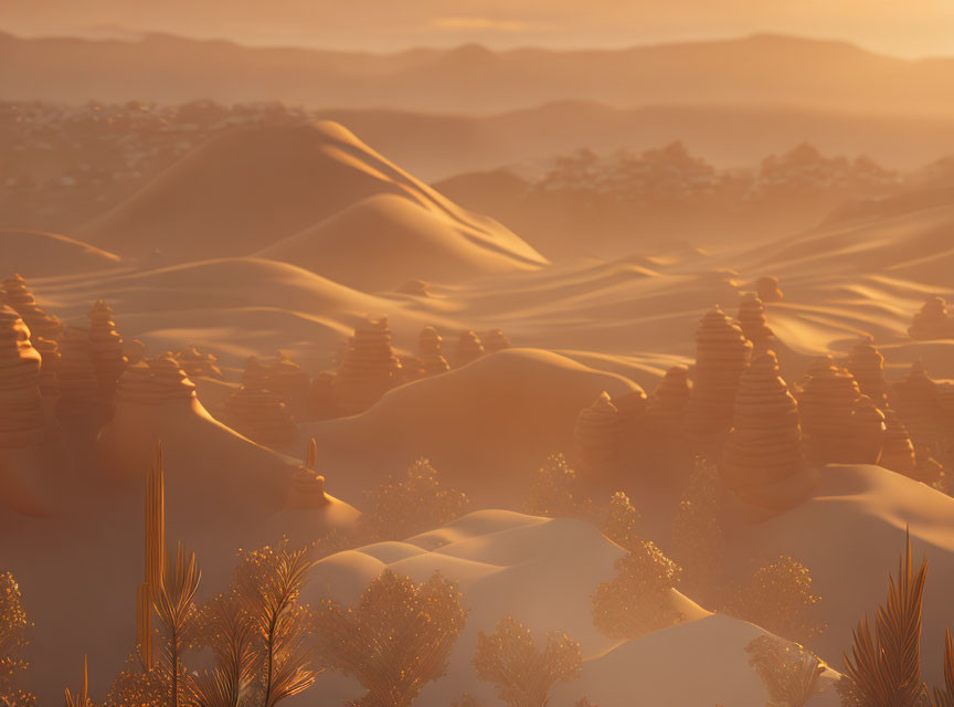 Golden light illuminates desert dunes and stone formations at dusk