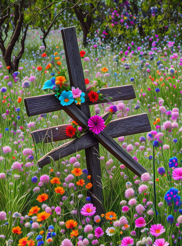 Colorful Flowers Adorn Wooden Cross in Vibrant Wildflower Field