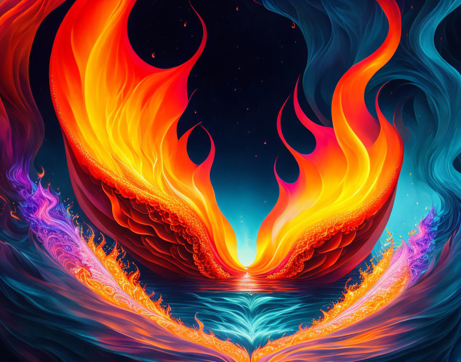 Fantastical digital artwork with swirling flames and blue waves