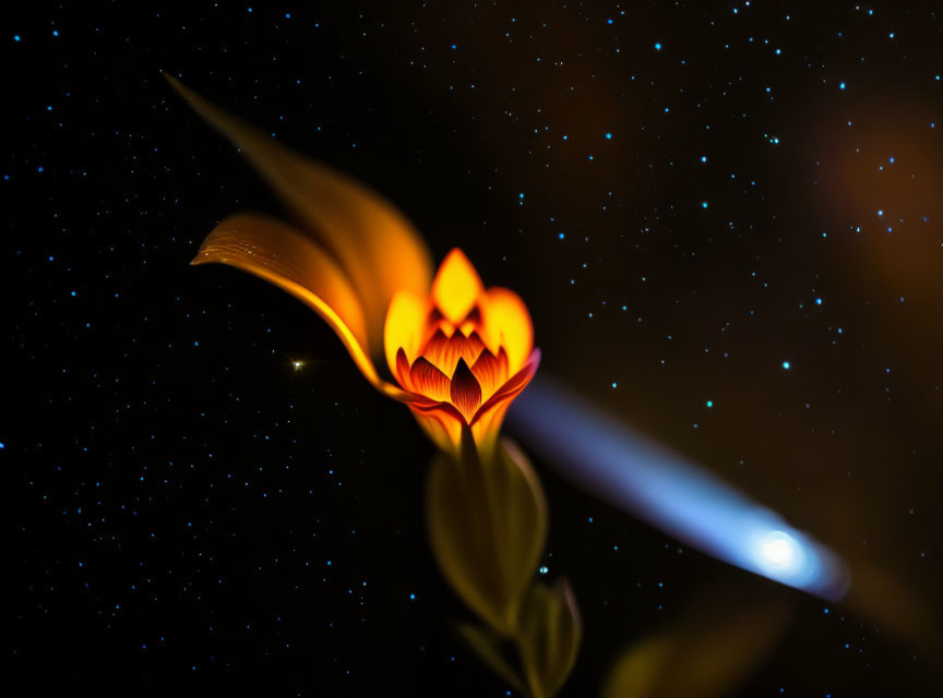 Vibrant flame transforming into flower under starry sky