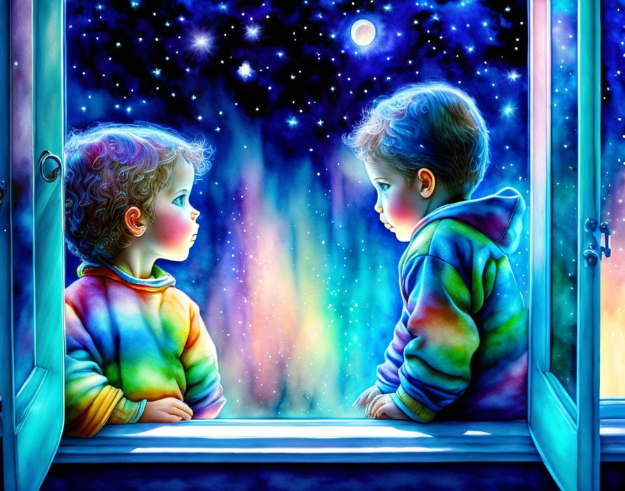 Children admiring starry night sky through open window.