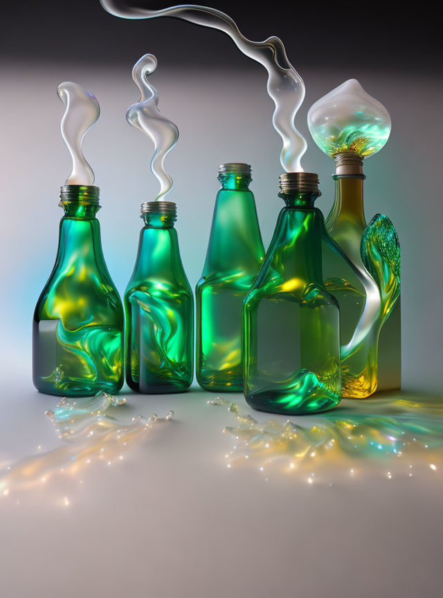 Five glowing bottles with whimsical smoke trails on gray gradient background.