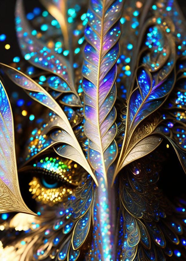 Detailed Close-Up of Ornate Peacock Feathers in Brilliant Blues and Golds