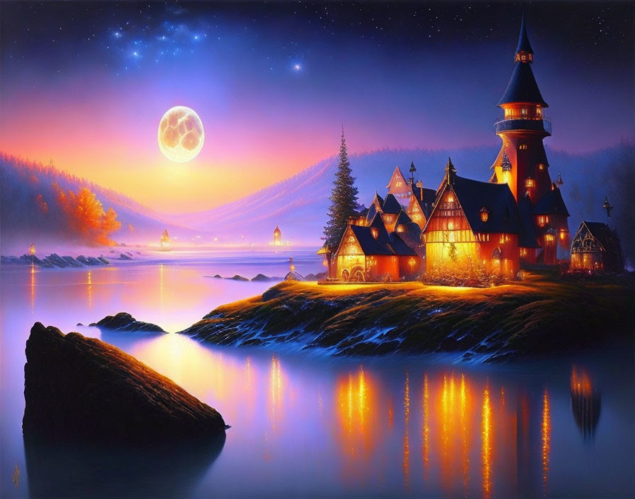 Fantasy landscape: Castle by glowing lake under starry sky