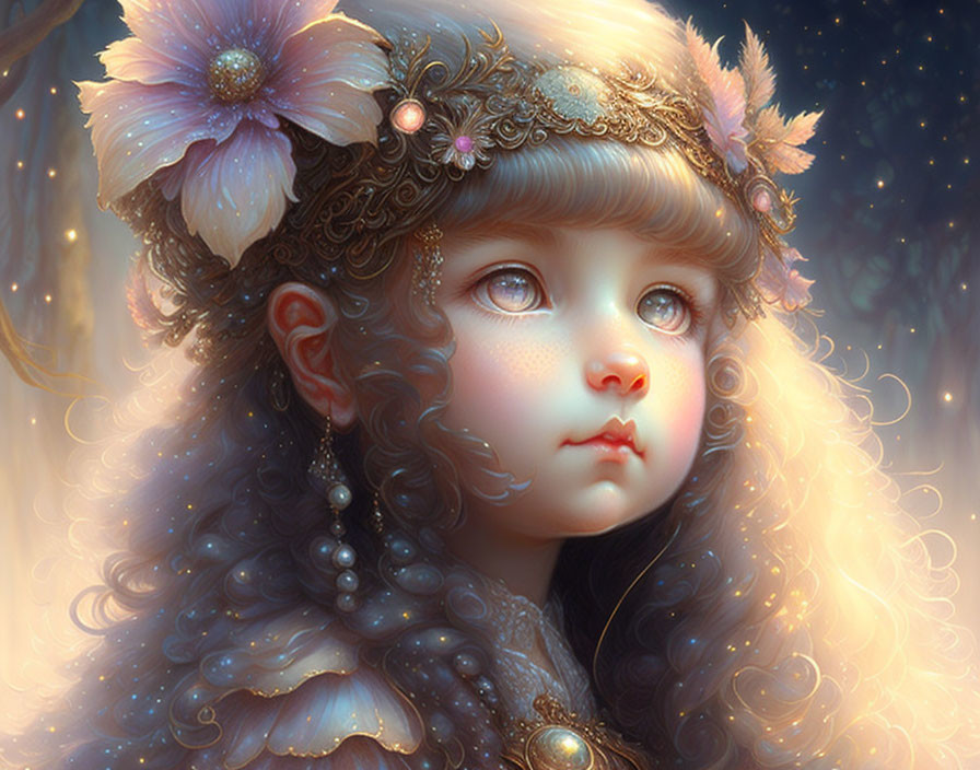 Illustrated portrait of young girl with wide eyes and curly hair, adorned with flowers and pearls against glowing