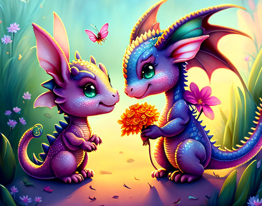 Colorful Cartoon Dragons in Magical Garden with Flower and Butterfly