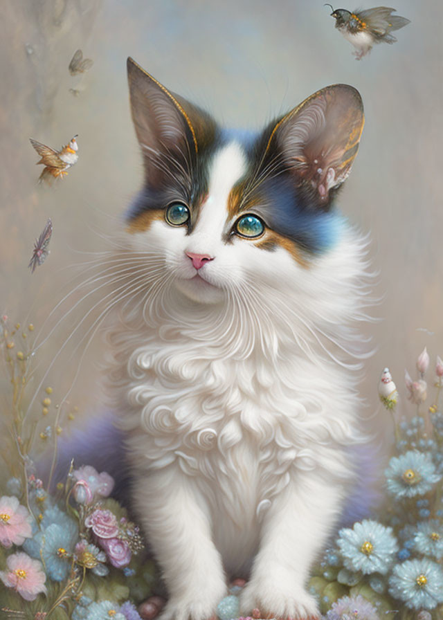 Whimsical fluffy cat with expressive eyes in dreamlike scene