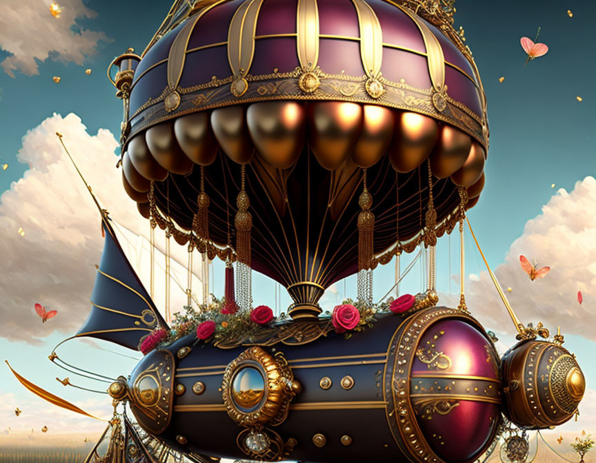 Steampunk hot air balloon with gold accents, roses, and butterflies in dreamy sky