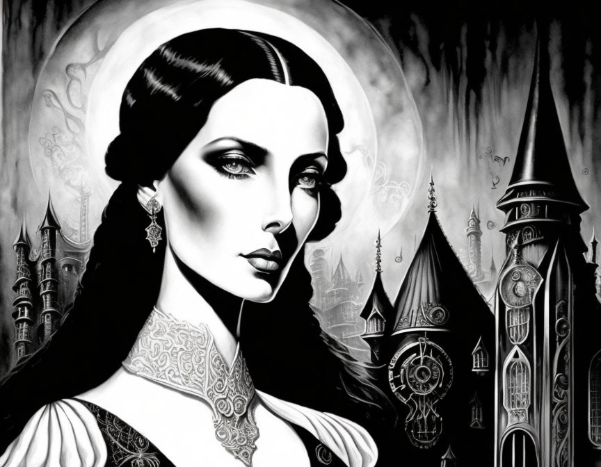 Monochromatic illustration of woman with halo effect in gothic cityscape.