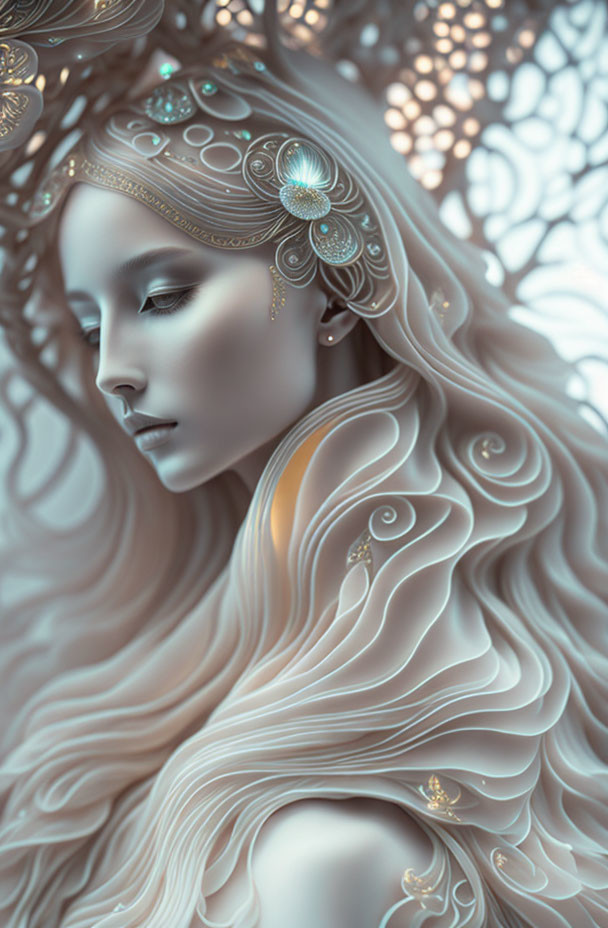 Ornate hair and headdress on serene woman in soft blues