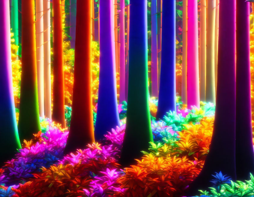 Neon-colored forest with glowing trees and bright foliage