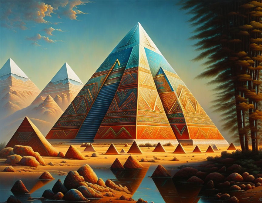 Surreal pyramid artwork with intricate patterns in desert oasis