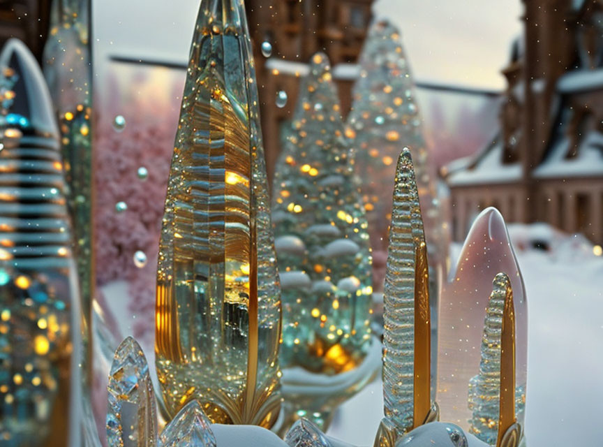 Shimmering crystal structures with snowy village backdrop