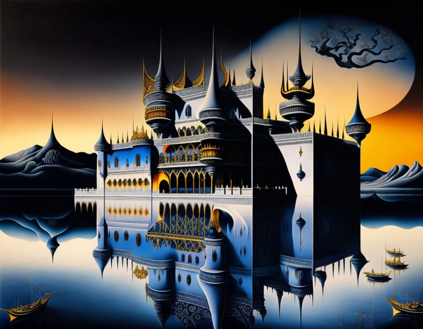 Surreal painting of ornate castle, twilight sky, crescent moon, reflection on water.