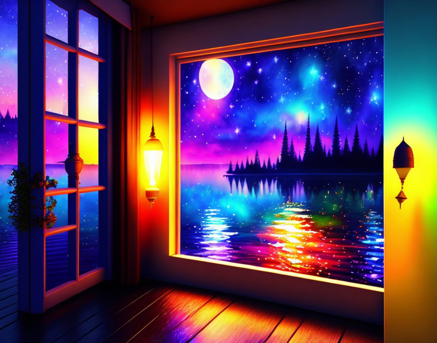 Room with scenic view of starry night sky, moon reflected in serene lake.