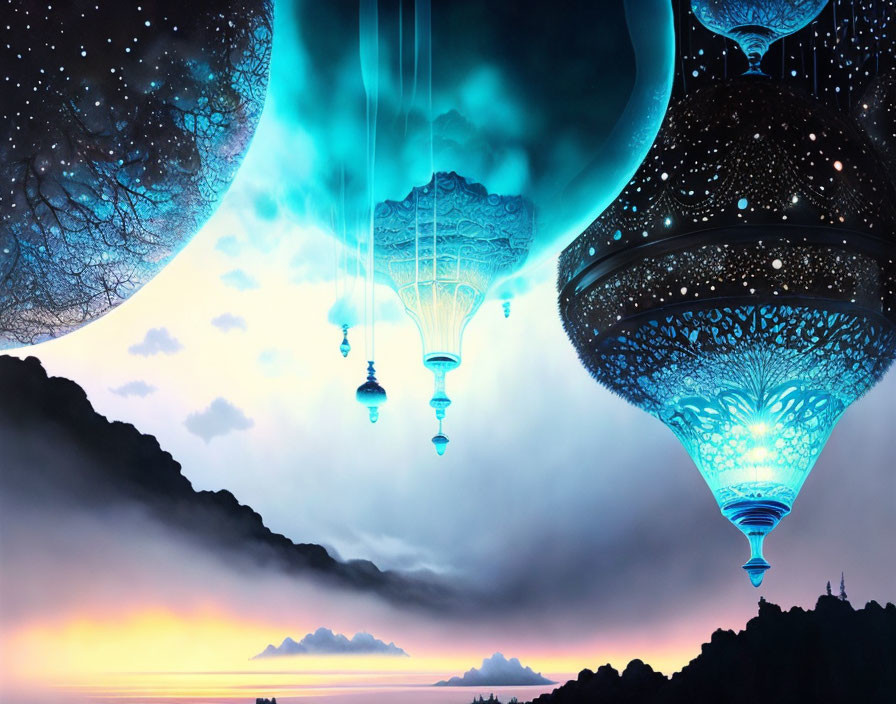 Surreal landscape with ornate lamps merging twilight horizon and celestial bodies