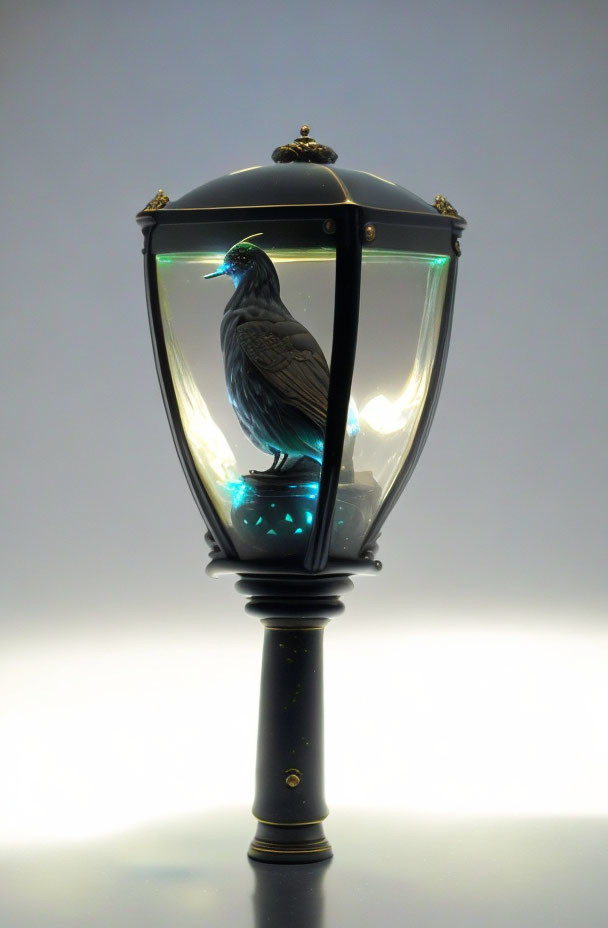 Black Pole Street Lamp with Glass Panes and Metal Eagle Finial