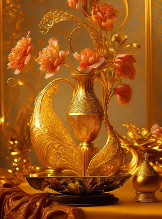 Golden vase with intricate patterns and peach flowers on reflective surface.