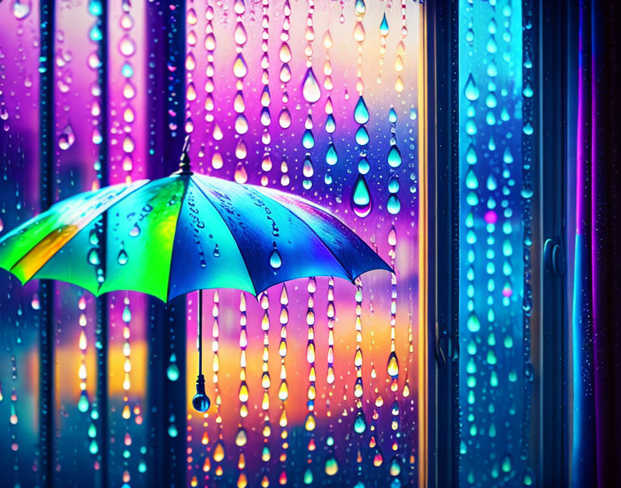 Colorful umbrella seen through raindrop-covered windowpane with blue and purple background