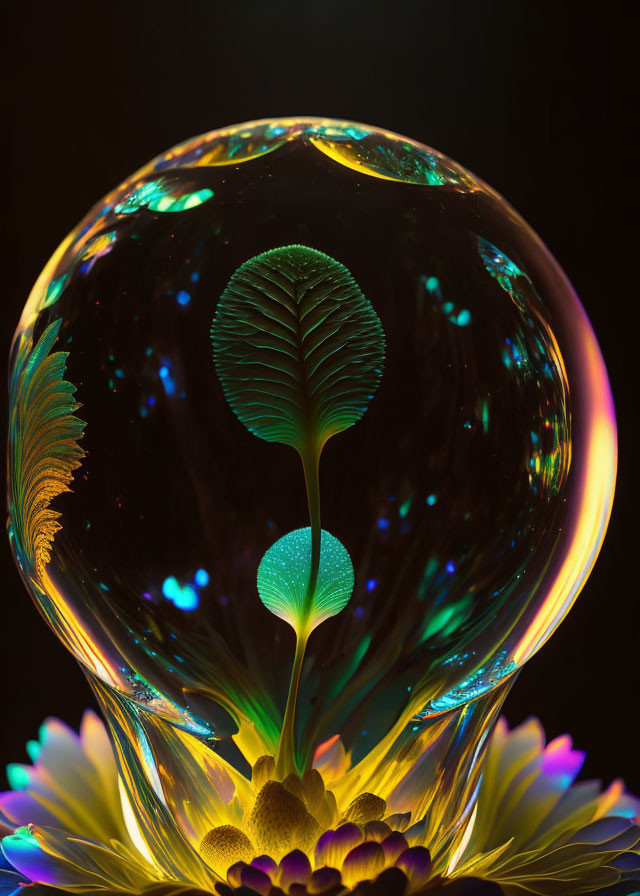 Colorful soap bubble with psychedelic fern-like pattern on dark background