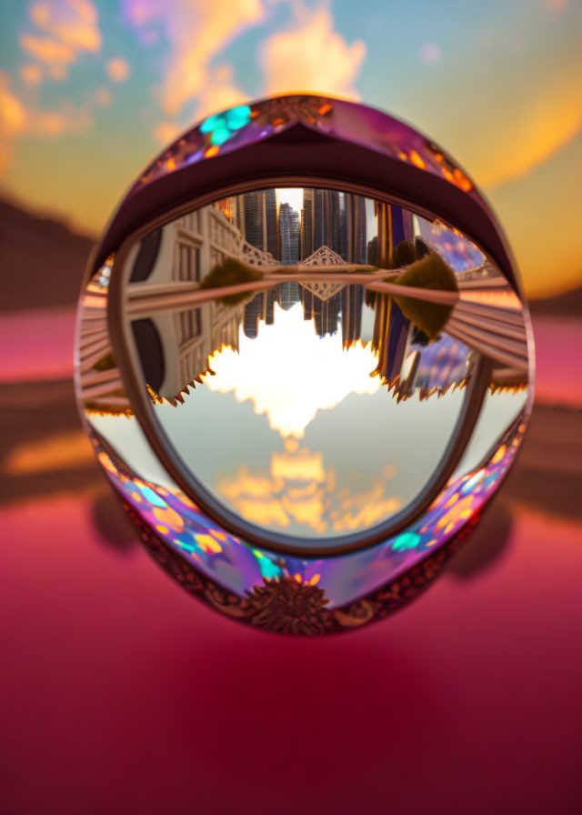 Inverted cityscape reflected in crystal ball at sunset