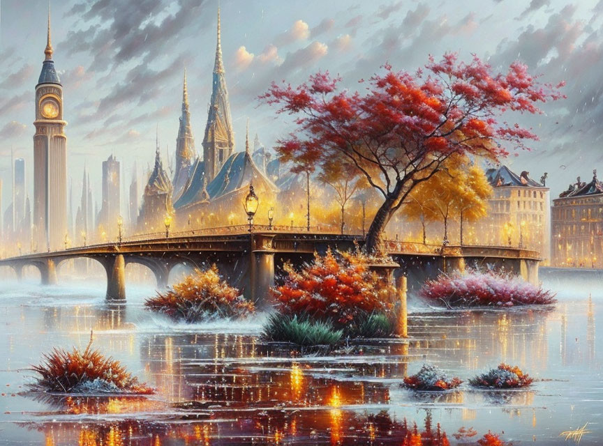 Fantasy autumn cityscape painting with clock tower, bridge, red tree, and golden lights.