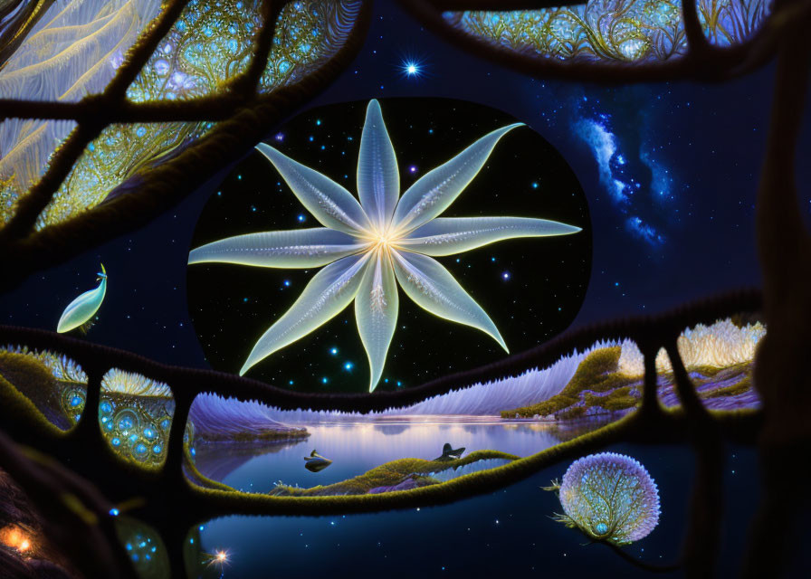 Vibrant surreal landscape with star-shaped entity above tranquil lake