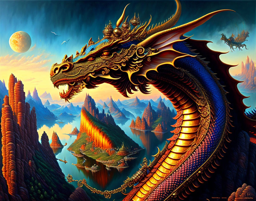 Intricate dragon in mystical landscape with towering rocks under evening sky