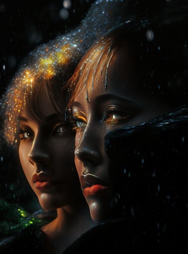 Women's faces merge in cosmic theme with star-adorned skin.