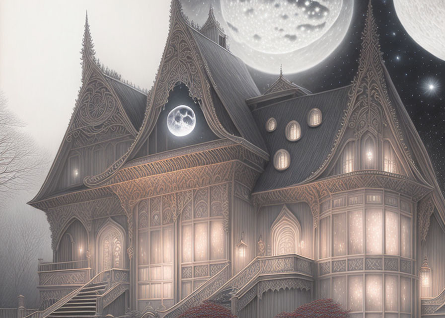 Gothic-style mansion under moonlit sky in misty night