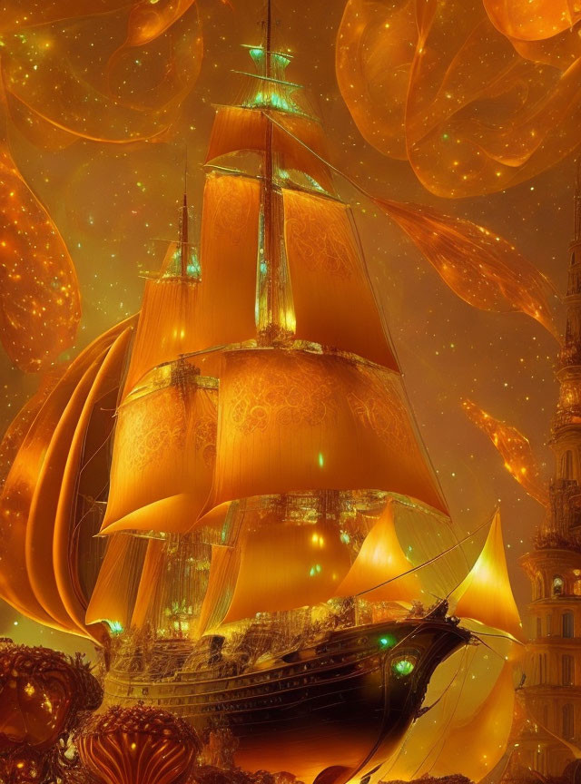 Golden ship with glowing sails in amber sky with orange orbs