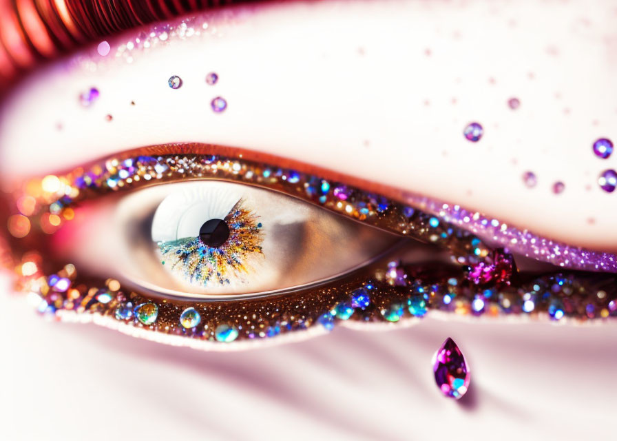 Colorful glitter makeup and rhinestones on eye with gem tear drop.