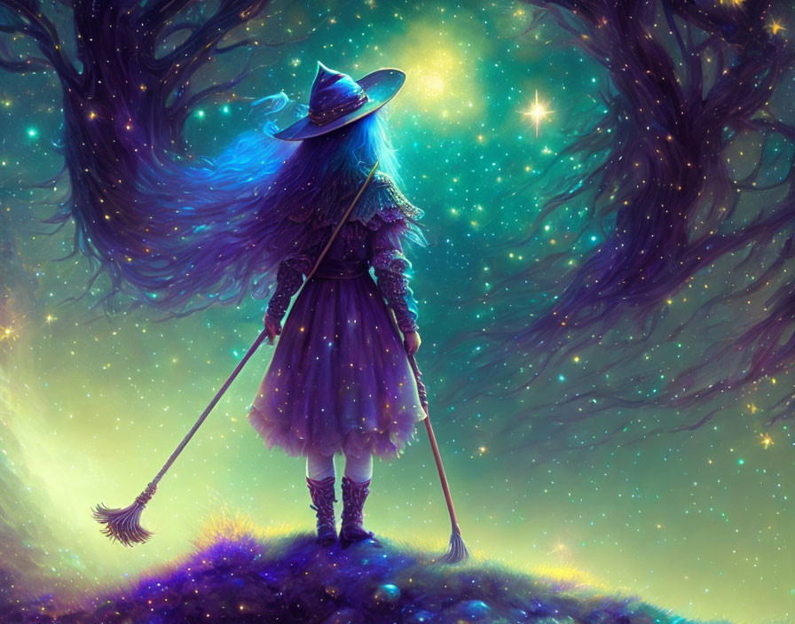 Mystical witch with broom under starry sky and magical trees