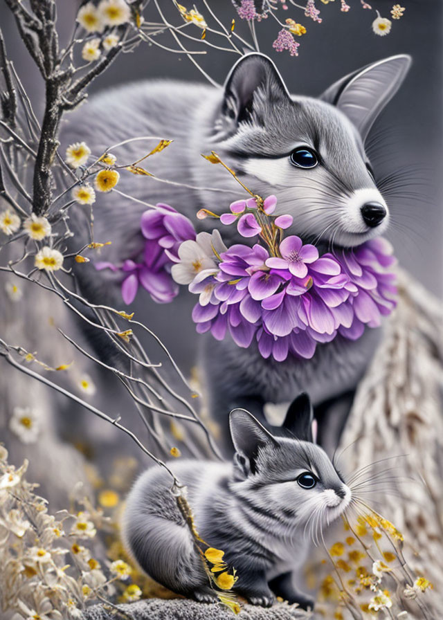 Whimsical kittens with floral collars in monochromatic scene