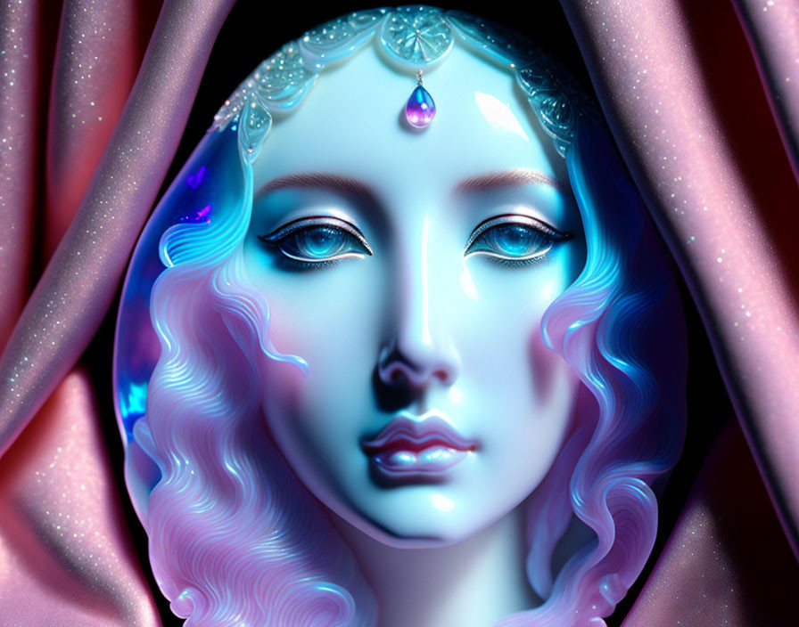 Illustration: Person with pale blue skin, jeweled headpiece, pink drapery.