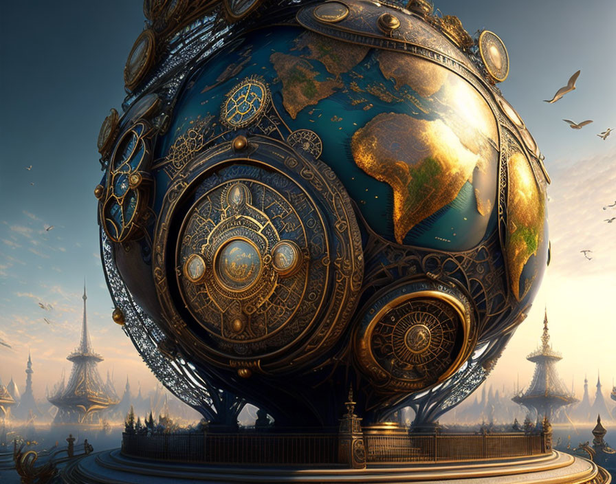 Detailed Fantasy Artwork of Ornate Spherical World with Mechanical Features