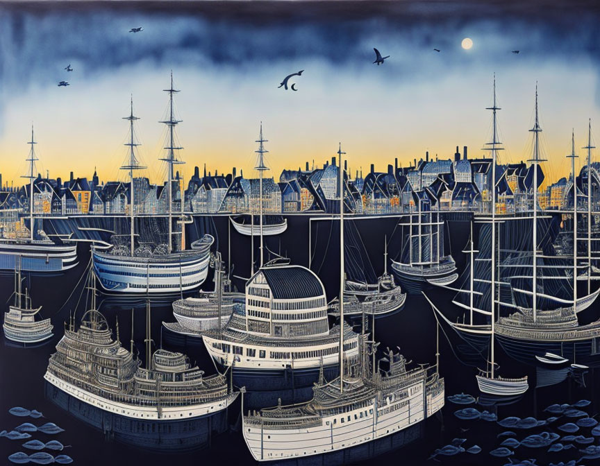 Historical port with sailing ships and steamboats under twilight sky