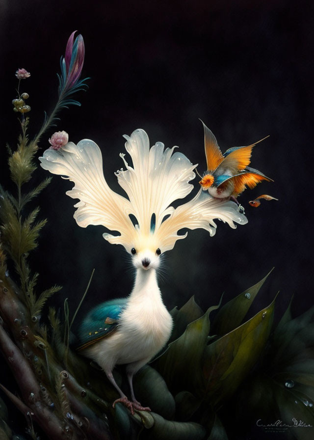 Colorful bird with flowing white tail and vibrant blue body among flowers and flying insect on dark background.